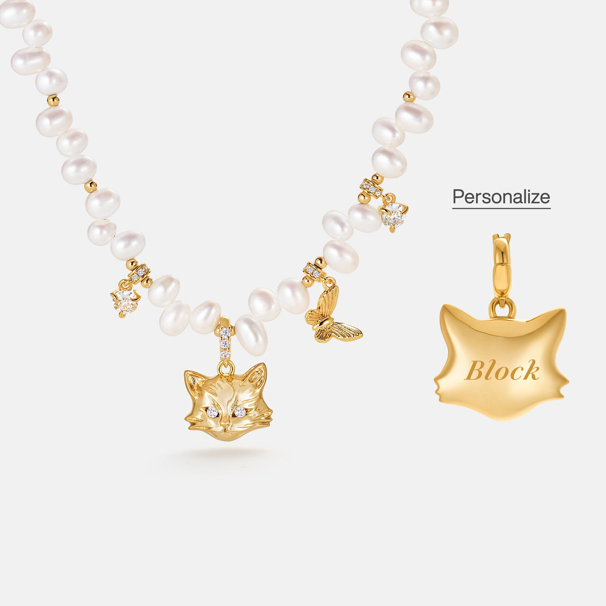 Personalized Cat Butterfly Pearl Necklace