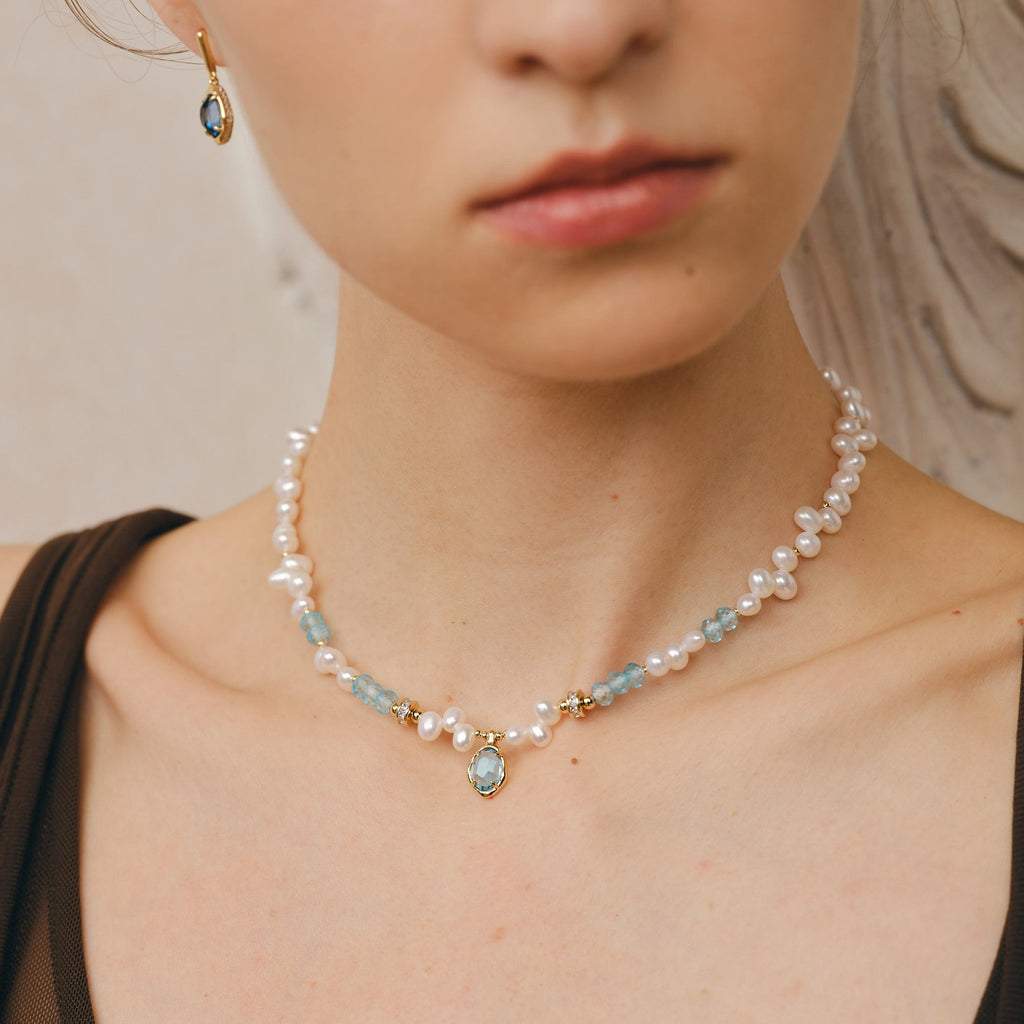 Raw Blue Topaz Pearl Necklace