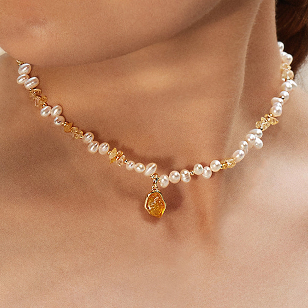 Raw Citrine Pearl Necklace