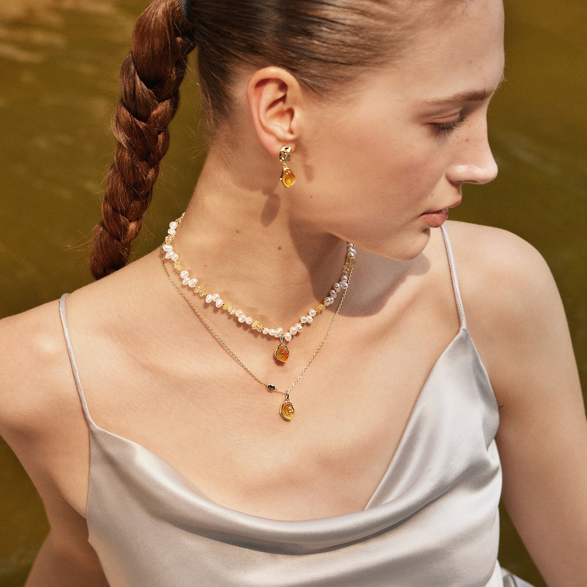 Raw Citrine Pearl Necklace